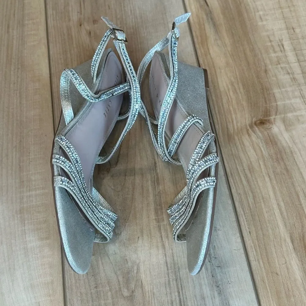 Kelly & Katie Tahada Rhinestone Gold Wedge Heel Open Toe Strap Sandal Shoe 8 1/2